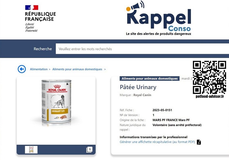 Rappel de produit Pâtée Urinary Royal Canin Petfood Advisor